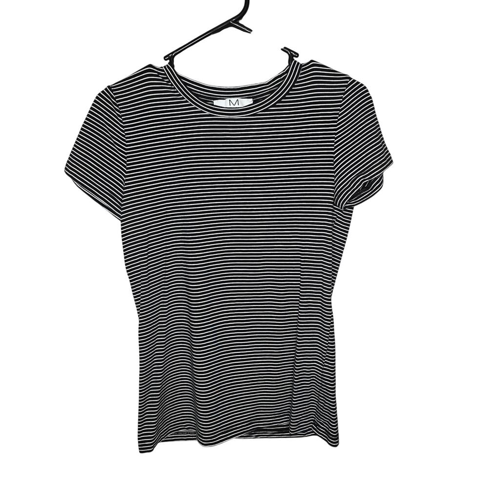 M Magaschoni Black White Stripe Short Sleeve Tee T-shirt Size Small